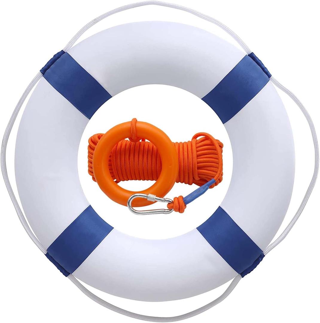 Lifebuoy Set 20Inch Life Preserver Ring and Water Floating Lifesaving Rope 98.4FT,Swim Foam Buoy,Swimming Pool Safety Throwing Ring with Perimeter Rope,Throwable Flotation Device (Blue)
