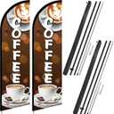 Remagr 2 Pcs 11 ft Coffee Feather Flag Coffee Advertising Swooper Banner with Pole and Ground Stake Windless Shop Sign Tall for Outdoor Business Advertising