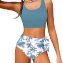 Girl Swimsuit Bikini Set Tropical Print Bathing Suit Two Piece Girls' Swimwear with Tie Side Knot 7-14T (15-16 Years, Dark Blue)