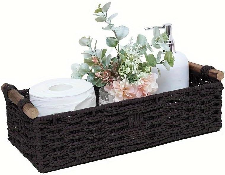 Black Paper Rope Storage Basket with Wooden Handle  Handwoven Decorative Wicker Basket for Organizing Toilet Tank, Countertop, Cosmetics & Toilet Paper  1PC