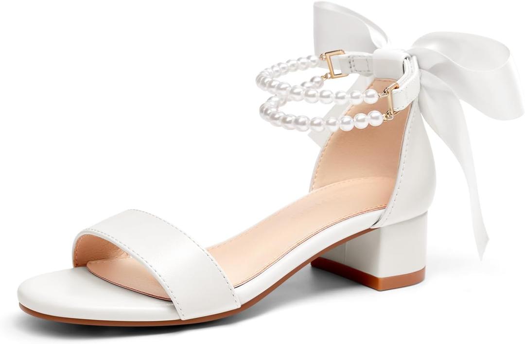 Coutgo Girls Dress Shoes Chunky Low Heels Sandals Bow Pearl Ankle Strap Flower Girl Wedding Party Shoes, White, size 3