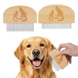 2 x Pet Grooming Combs for Dogs Cats, 2 Pack Bamboo Combs with Wide Fine Teeth for Shedding, Detangling, Flea Removal and Daily Care