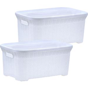 Plastic Laundry Basket Designed Small Storage Hamper Basket, Cloths Basket Organizer with Cut-out Handles. Space Saving for Laundry Room Bedroom Bathroom, Knit Design 40 Liter. (White, 2-pack)