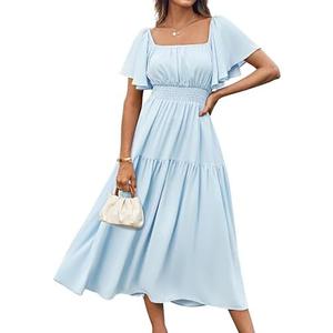 GRACE KARIN Women's Summer Short Sleeve Square Neck Smocked Waist Casual Vacation Tiered Flowy Maxi Dress, 2XL