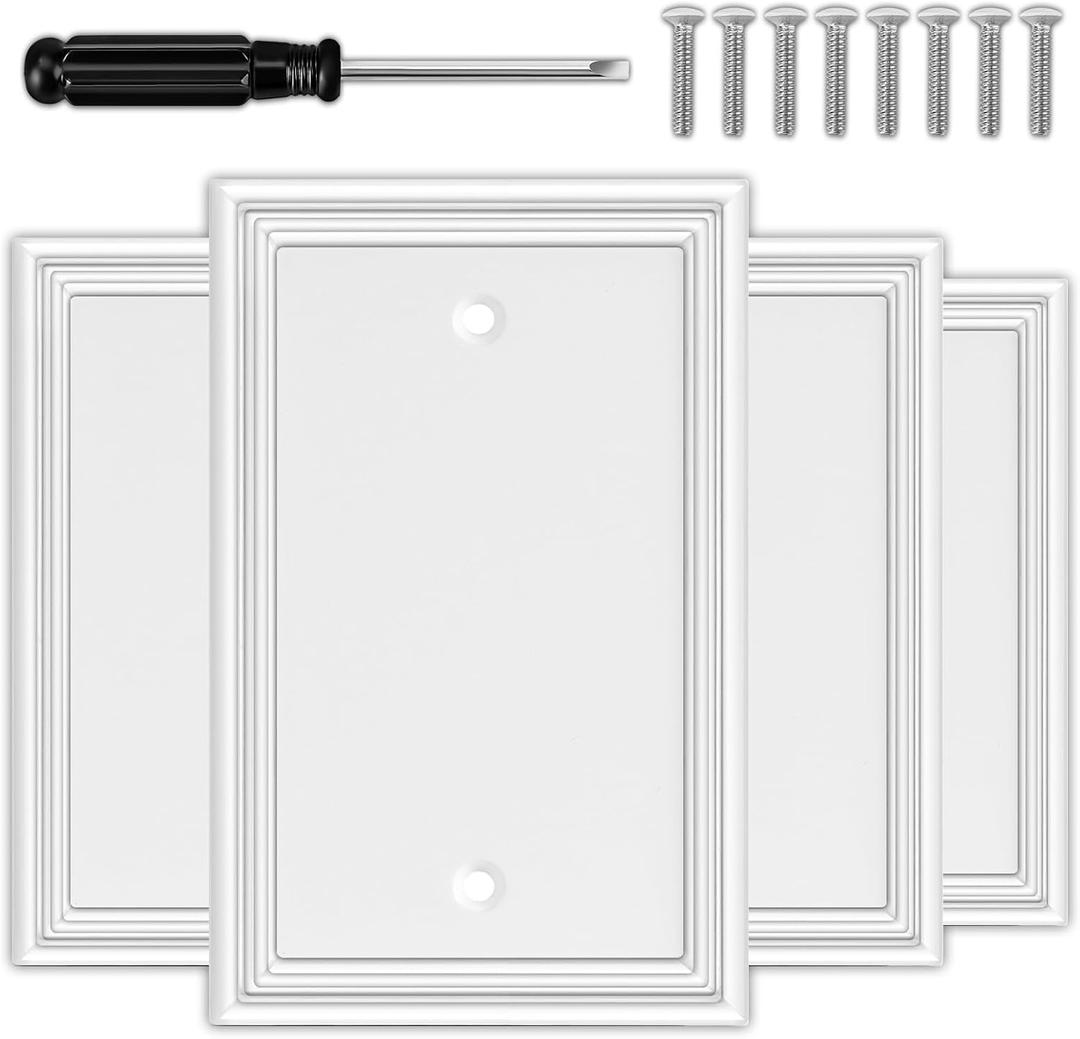 White Decorative Single Blank Light Switch Covers Wall Plate, Natural Material Switch Plates Outlet Covers - Modern Style (1 Gang Blank 4 Pack)