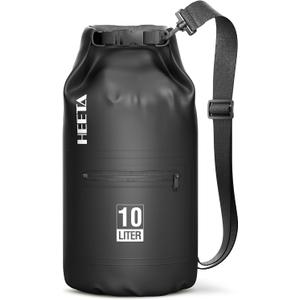 HEETA Waterproof Dry Bag with Front Zippered Pocket for Women Men, 10L Roll Top Lightweight Dry Storage Bag Backpack for Travel, Kayaking, Boating, Rafting, Camping, Hiking & Beach (Black)