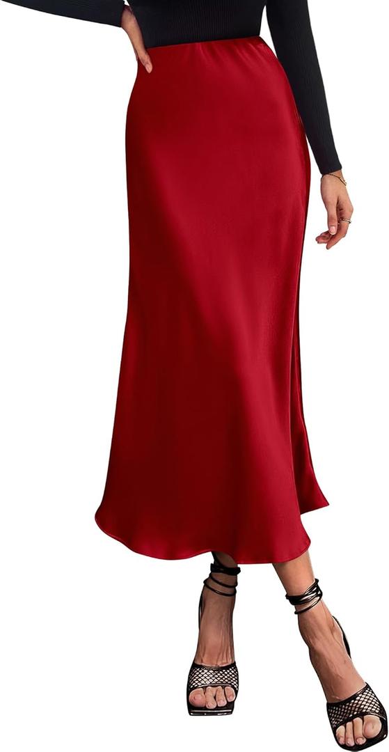 BTFBM 2025 Womens Summer Fall Long Satin Skirt Silk Elegant High Waist Cocktail Party Wedding Flowy A-Line Midi Skirts, Size: XL