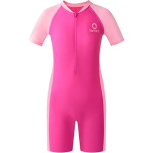 Karrack Girls and Boys One Piece Rash Guard Swimsuit Kid Water Sport Short Swimsuit UPF 50+ Sun Protection Bathing Suits (13-15 Years, Pink)