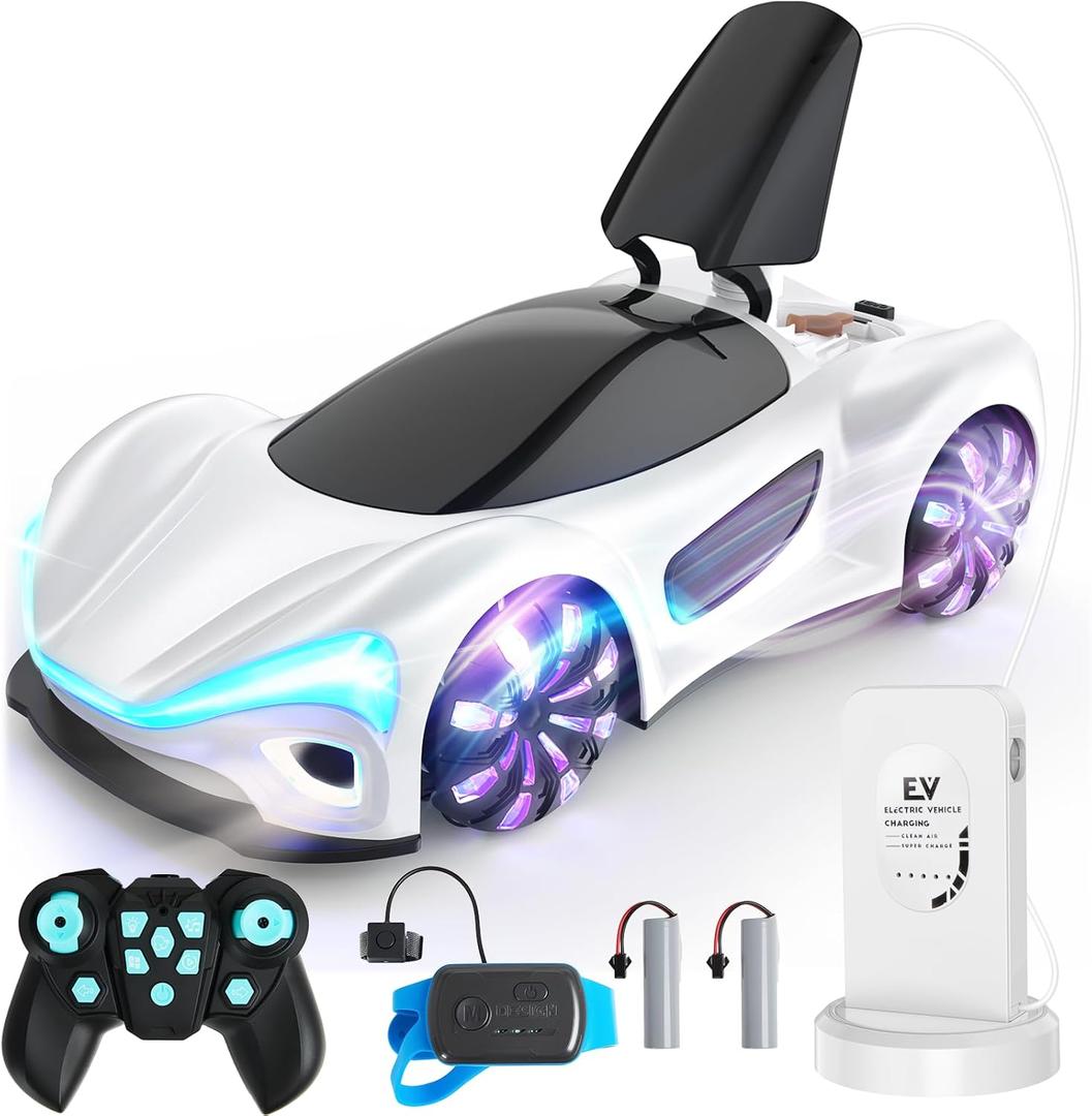 SIMREX Gesture Sensing Remote Control Car with Charging Dock - 360 Rotate Drift RC Stunt Car Toy, 40 Min Playtime, Dual Control, Spray Mist & LED Lights, Birthday Gift for Kids Boys GirlsWhite