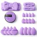 20 Pcs Makeup Sponge Set, Purple Spa Headband & Wristband for Face Washing, Triangle Powder Puffs, Reusable Makeup Remover Pads, Professional Cosmetic Applicator Kit for Foundation, Powder & Cream