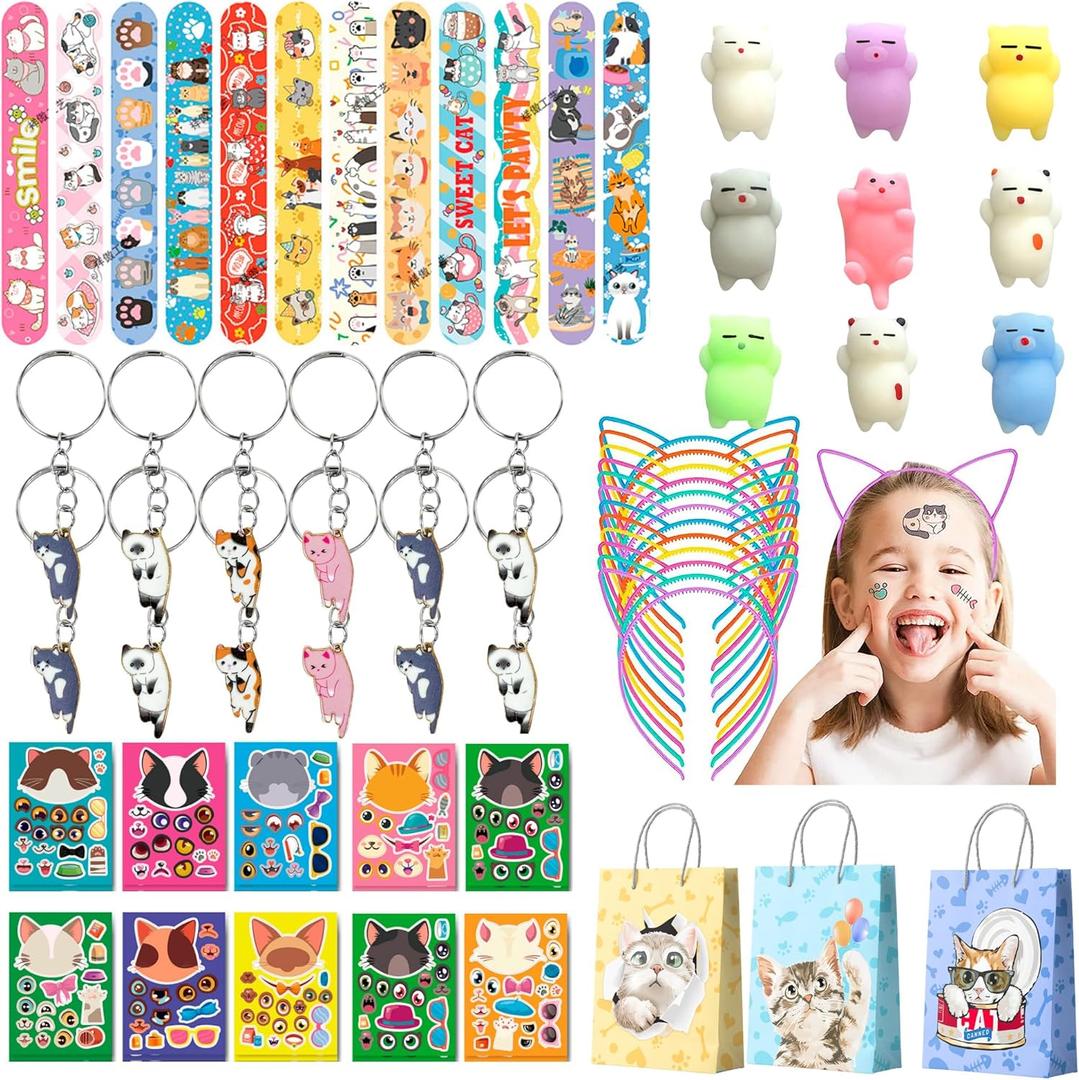 72pcs Cat Birthday Party Favors, Kitty Goodie Bags Ears Headband Stickers Keychains Bracelets etc for Cat Birthday Party Decorations Supplies