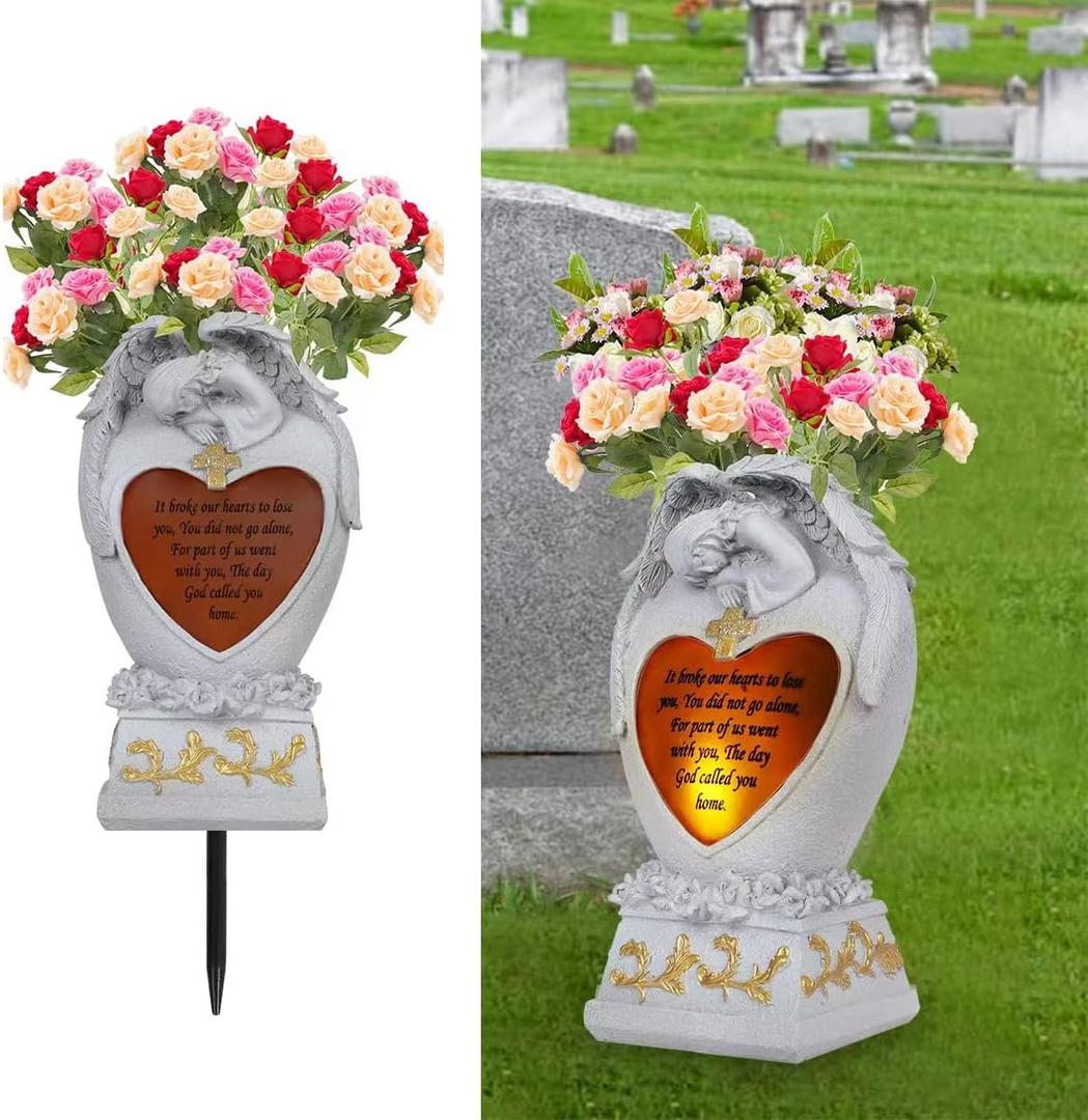 Angel Garden Statue Outdoor Decor, Cemetery Vase with LED, Family Garden Memorial Statue, Crying Angel (White) with Solar Lights