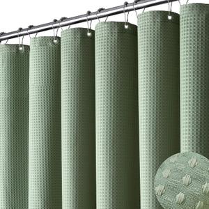 Dynamene Sage Green Shower Curtain - Waffle Textured Heavy Duty Thick Fabric Shower Curtains For Bathroom, 256GSM Luxury Weighted Polyester Cloth Bath Curtain Set with 12 Plastic Hooks 72Wx72H, Green