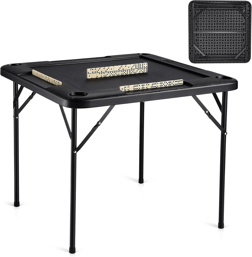 VEVOR Folding Card Table, 4 Player Portable with 4 Cup Holders & Chip Trays, Mahjong Domino Game Set, 35.4 x 35.4-inch, Black