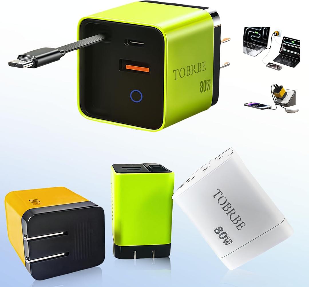 Tobre 3 in 1 GaN Charger, Scalable 80W Max Fast Charging Block with Retractable Type-C Cable & 2 USB Ports, All-in-One Wall Charger for iPhone 16/15/14, Galaxy S25, Pixel,Laptops (Green, 80)