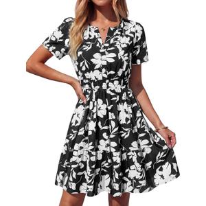 BTFBM Summer Dresses for Women 2026 Lightweight Casual Short Sleeve Floral Mini Dress A Line Beach Vacation Sundress (Black, XL)