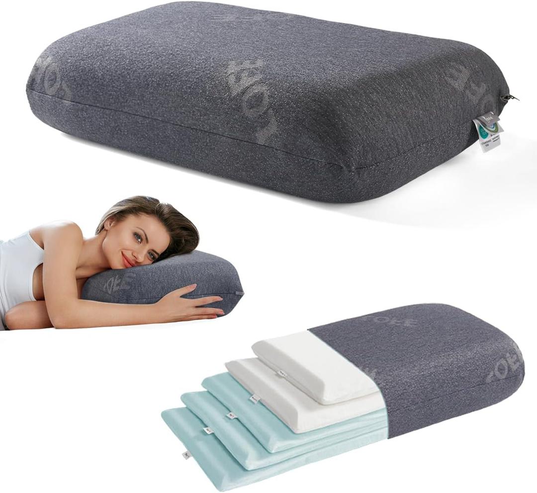 Lofe Adjustable Memory Foam Pillow - Combined Thin Plilow to Adjust Softness/Support, 10 Heights of Adjustable Pillow for Neck Pain Relief, CertiPUR-US Memory Foam Plilow for Stomach/Side/Back Sleeper
