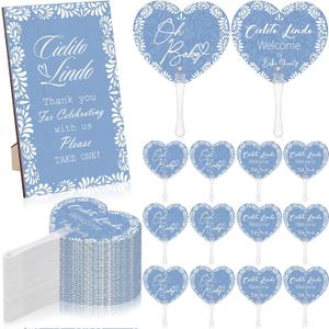 Threehoney 51 Pcs Cielito Lindo Baby Shower Fan Favors for Guests 50 Heart Shape Plastic Oh Baby Handheld Fans 1 Wooden Mexican Talavera Table Welcome Sign Party Decorations Gifts Supplies(Blue)