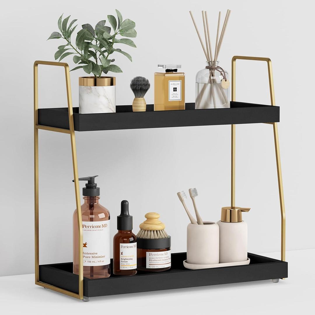 Forbena Black and Gold Bathroom Organizer Countertop, 2 Tier Counter Organizer for Bathroom Decor, Modern Sink Shelf Organizers for Vanity Storage, Make upTray for Makeup Bedroom, Black & Gold, Square edge & Different Sizes Trays