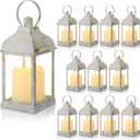 12 Set 10 Inch White Decorative Candle Lanterns Bulk Lanterns Centerpiece with LED Flameless Candle Indoor Outdoor Battery Powered Hanging Lights for Wedding Mother Day Party Decoration