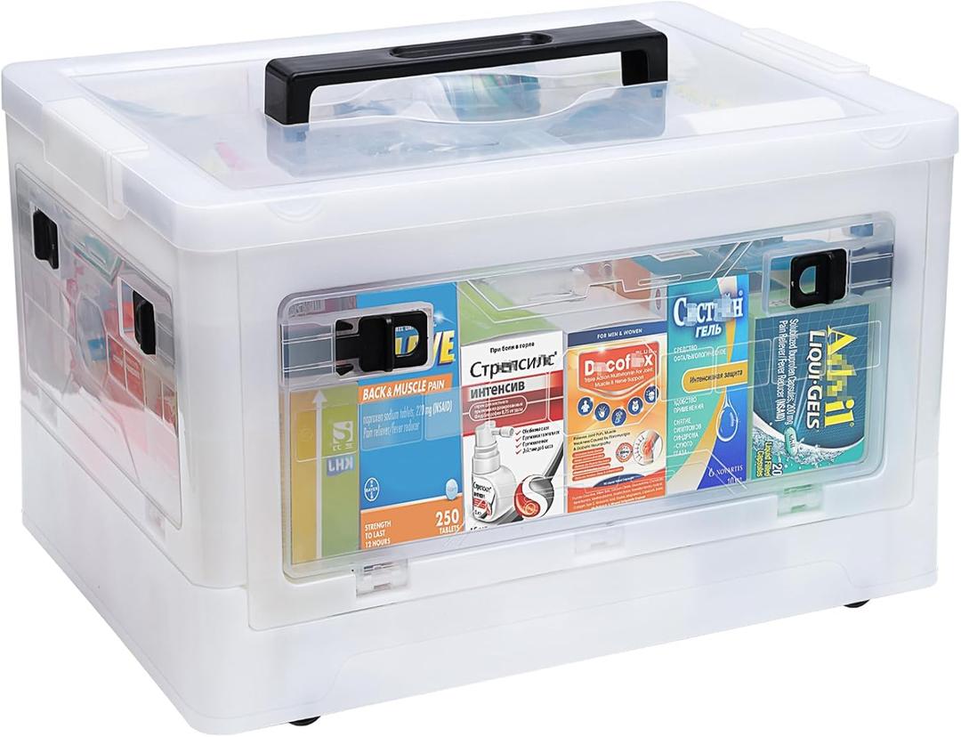 Extra Large Medicine Storage Box with Handles, First Aid Box Clear Medical Supply Organizer with Removable Tray, Multipurpose Plastic Medicine Chest with Wheels (20QT)