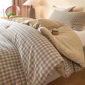 100% Cotton Comforter Set Queen Size Reversible Yarn-Dyed Checkered Design, Soft Washed Cotton on Both Sides, Lightweight All-Season Bedding, Machine Washable(Beige Plaid, 90x90)