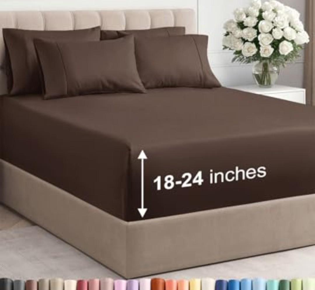 Extra Deep Queen Sheet Set - 6 Piece Breathable and Cooling Sheets - Hotel Luxury Bedding for Women, Men, Kids & Teens - Easy & Secure Fit - Soft, Wrinkle Free and Comfy - Extra Deep Pockets - Brown