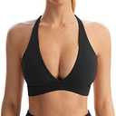INIBUD Sports Bra for Women Push Up Strappy Workout Top Padded Deep V-Neck Triangle Bralettes with Support Gym, Large 