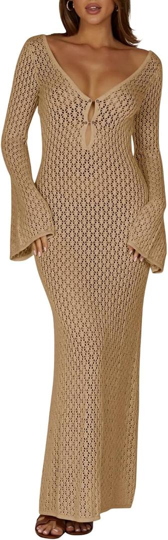 Saodimallsu Womens Crochet Maxi Cover Up Dress Beach Swim Vacation Coverups Long Sleeve Sexy Bodycon Summer Knit Dresses (Medium, Khaki)