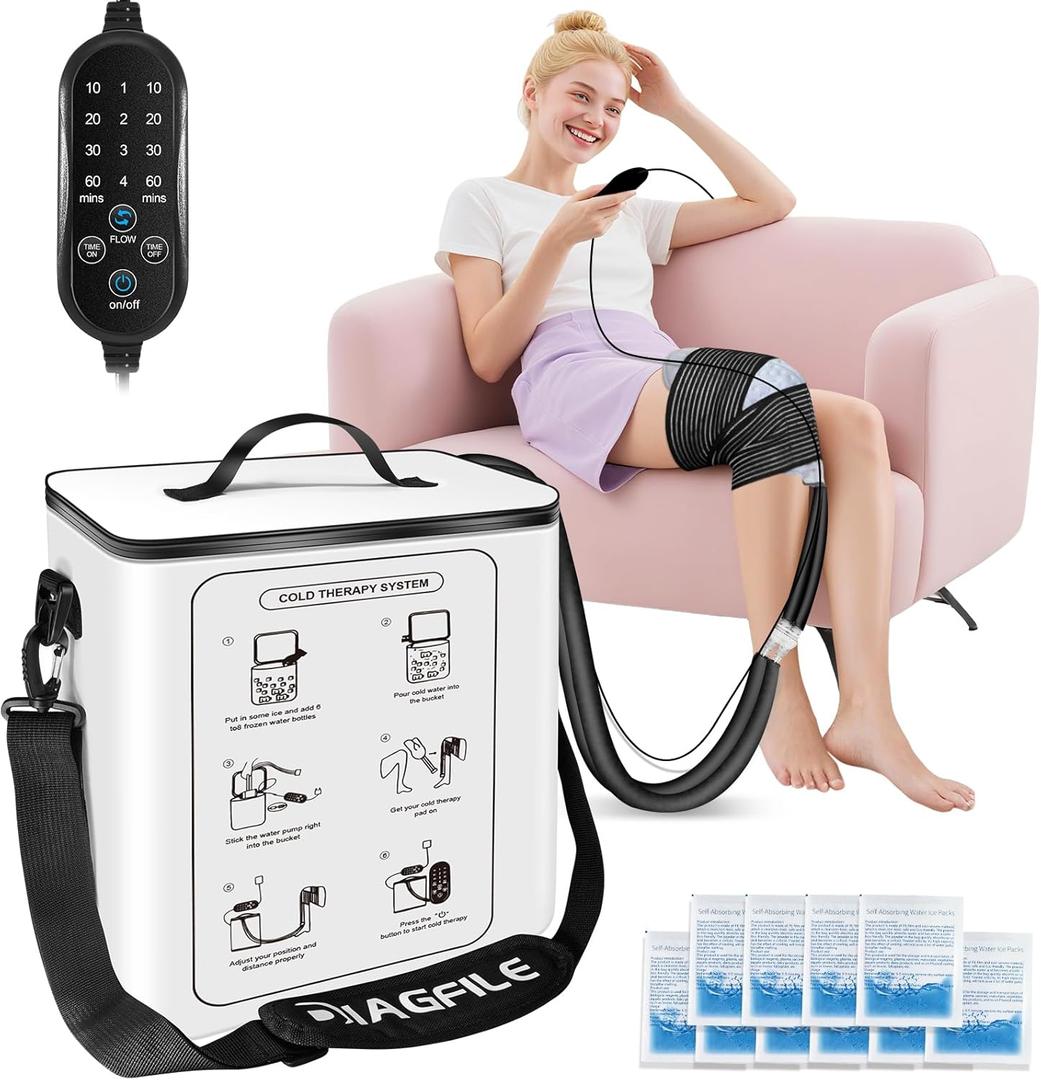 Cold Therapy Machine with Programmable Timer, Portable Ice Therapy Machine System for Knee, Cold Therapy Unit for Long-Term Relief and Recovery, w/Compression Pad for Shoulder, Hip and Ankle (White)