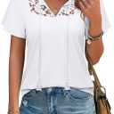 Uhiger Womens Boho Tops Short Sleeve Convertible V Neck Blouses Lace Trim Tassel Tie Front Flowy Chic Vacation Outfits (XXL)