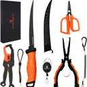 BasicGear Fishing Tool Set  7 Pliers, 9.5 Fish Lip Gripper, 4.5 Scissors, 7 Fillet Knife, Retractable Clip & Steel-Core Tether, Rust-Resistant Multi-Tool Kit for Anglers (Orange)