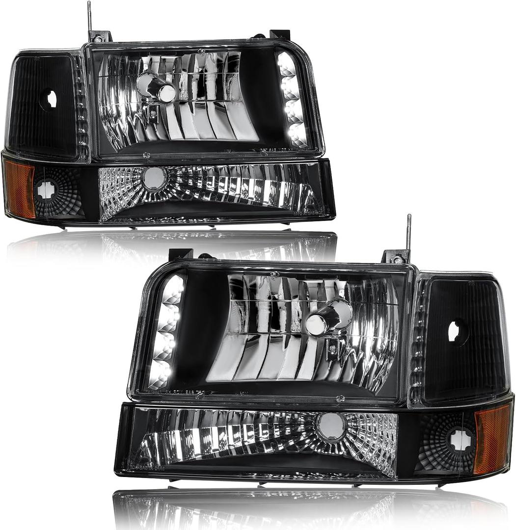 Pair Headlights for 1992-1996 Ford F150 F250 F350 Bronco Replacements w/LED Running Light Bar Amber Reflector Black Housing