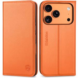 SHIELDON Case Wallet for iPhone 17 Pro 6.3-inch | Genuine Leather, RFID Blocking Credit Card Holder, Magnetic Closure, Folio Design, Kickstand, TPU Soft Full Protective Cover 2025 - Orange