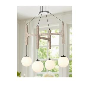 Farmhouse Antique White Wood Chandelier, 4-Lights Rustic Dining Room Light Fixture Kitchen Island Lighting, Vintage Milk Glass Globe Pendant Chandelier Hanging for Living Room Entryway