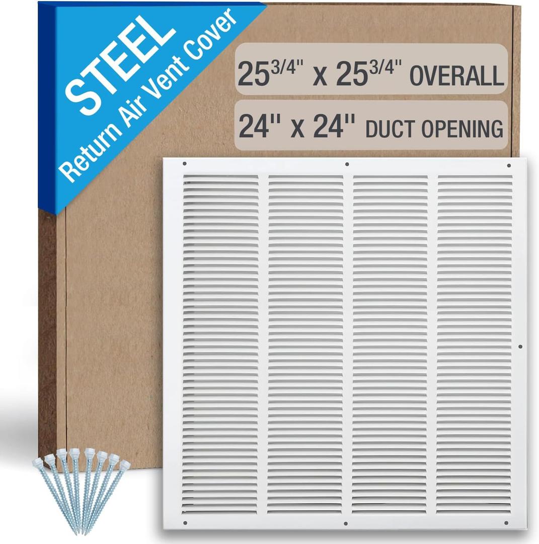 24 x 24 Inch (Duct Opening) Return Air Vent Cover, Louvered Steel HVAC Grille for Wall and Ceiling, White Powder-Coated Rust-Resistant Finish, Decorative Design, Easy to Install