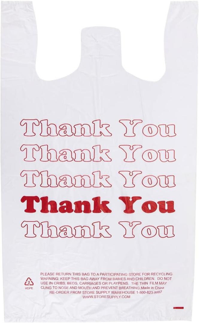 SSWBasics Premium Thank You T-Shirt Bags - 500 - Pack, 18 x 8" x 30", .48mil HDPE Thickness - Ideal for Restaurants, Retail, Grocery, Takeout - Standard Supermarket Size - Strong and Durable