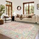 Kokia 8x10 Washable Area Rugs Blossom Pink with Vintage Orient Design Soft Rug for Living Room or Bedroom Non-Slip Low Pile Stain Resistance Features Distressed Medallion Pattern (Blush/Butter/Pistachio/Babyblue)