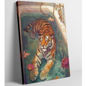 Tiger in Bathtub Canvas Wall Art Funny Animal Bathroom Painting Picture Wall Decor Maximalist Trendy Dopamine Aesthetic Poster Print Artwork for Bathroom Toilet Home Decoration, 16x24in