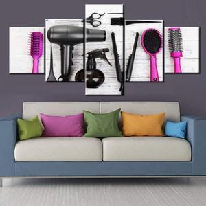 5 Piece Canvas Wall Art Black Hairdryer Paintings for Living Room Beauty Salon Artwork Haircut Accessories Pictures for Barbershop /Home Framed Ready to Hang Posters and Prints Gift(50''Wx24''H)