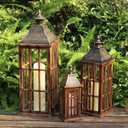DECORKEY Large Farmhouse Wooden Metal Lantern Set of 3, 27''/22''/15'' H Rustic Decorative Indoor & Outdoor Hanging Candle Lanterns, Wooden Outdoor Lanterns for Patio Front Porch Table, Brown