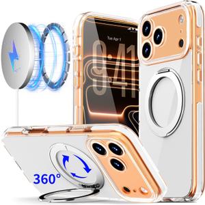 COOLQO 360Spin Magnetic Stand for iPhone 17 Pro Max Case, Fit for MagSafe, Military-Grade Protection,Full Camera Protection, Non-Yellowing Clear Scratch-Resistant Back Cover for 17 Pro Max, White