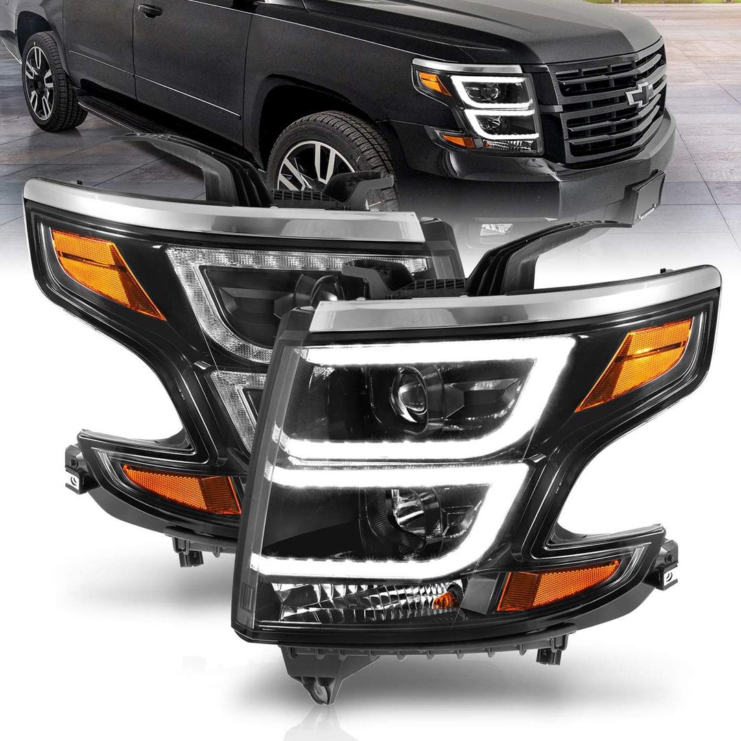 AmeriLite for 2015-2020 Chevy Tahoe Suburban Dual Crystal LED DRL Projector Black Replacement Headlights Set + Bulbs - Passenger and Driver Side