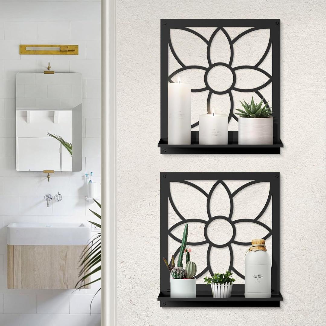 Flower Candle Wall Sconce, Retro Bathroom Wall Decor, Black Minimalism Wall Art for Living Room Bedroom Bathroom (2 Pack 11.8 x 13 in)