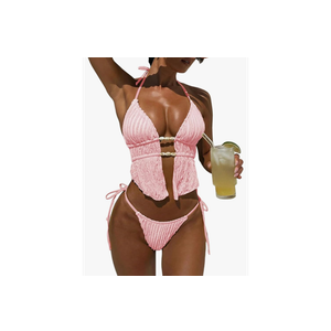 ZAFUL Halter Swimsuits for Women Textured Backless 2 Piece Bathing Suits Cheeky High Cut String Tie Side Bikini Sets