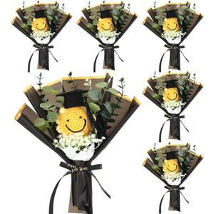 Zeyune 6 Pcs Graduation Sunflower Bouquet Gifts Class of 2025 Crochet Small Handmade Sunflower with Graduation Cap Artificial Flower Hand Knit Finished for Grad Celebration Party Favor Supplies