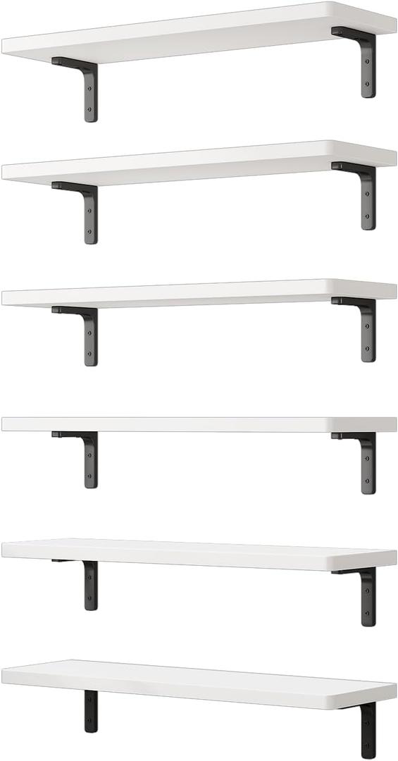 White Floating Shelves Set of 6 for Wall Decor, 16.5 Inch Floating Shelves for Bedroom, Bathroom, Living Room, Kitchen, Wood Wall Shelves with Brackets and Hardware Shelf Wood Plate Wood Bracket, 16.5 inches x 6 inches x 0.6 inches