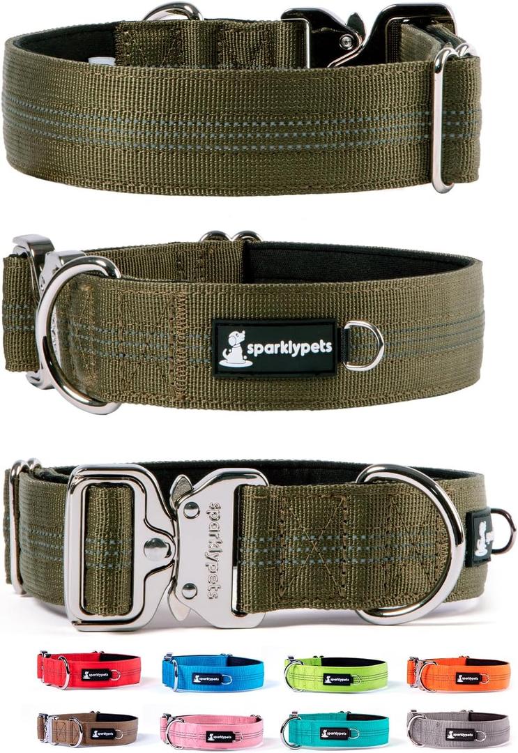 SparklyPets Heavy Duty Wide Dog Collar with Quick Release Chrome Buckle Thick Tactical Dog Collar with Reflective Stripes & Soft Lining for Large & Medium Breeds