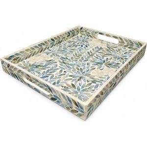 I-LAN Creative Rectangular Mother of Pearl Shell Severing Tray Lacquer Wooden Decorative Tray Handmade Shell Serving Tray with Handles and 2 Inch Wall, 18”Large Green Inlay Nacre Ottoman Tray (45cm)