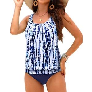 Yonique Blouson Tankini Swimsuits for Women Loose Fit Floral Printed Modest Two Piece Bathing Suits, Medium